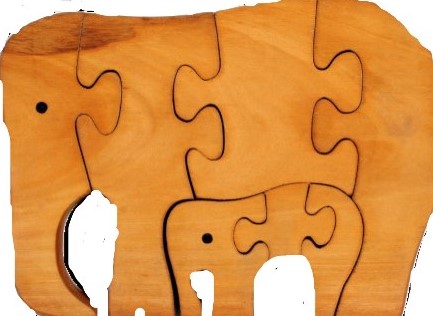 puzzle pieces assembled as an adult elephant and baby elephant